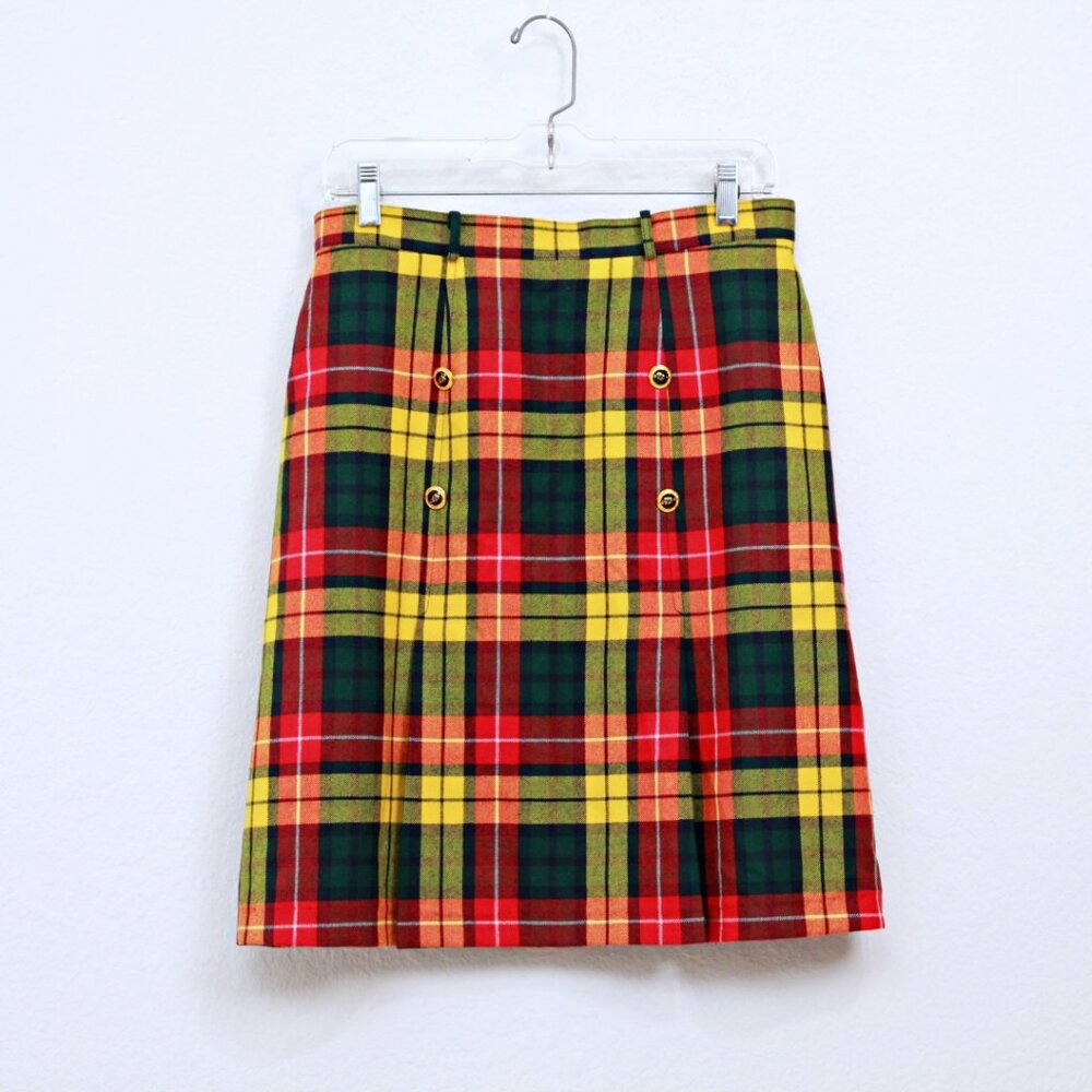 Safran Wool Tartan Pleated A Line Midi‎ Skirt Multicolor Women L Made In Japan